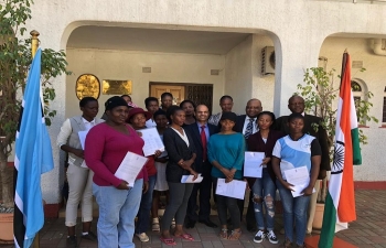 Handing over documents to 14 women participants from rural area for training in Barefoot College, Tilonia, Rajasthan under ITEC programme on 12.9.2018