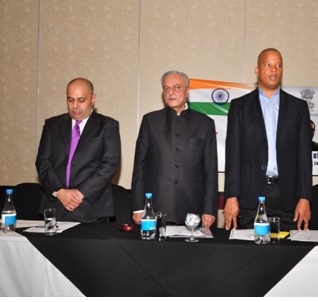 H.E. Dr. Ketan Shukla, High Commissioner of India to Botswana with Hon. Advocate Sadique Kebonang, Assistant Minister of Trade amp Industry of the Republic of Botswana (Right), Dr. Rizwan Desai, Eminent Lawyer (Left) during National Anthem on the occasion of 125th Birth Anniversary of Dr. B.R Ambedkar at Sun Avani Hotel on 14.4.2016