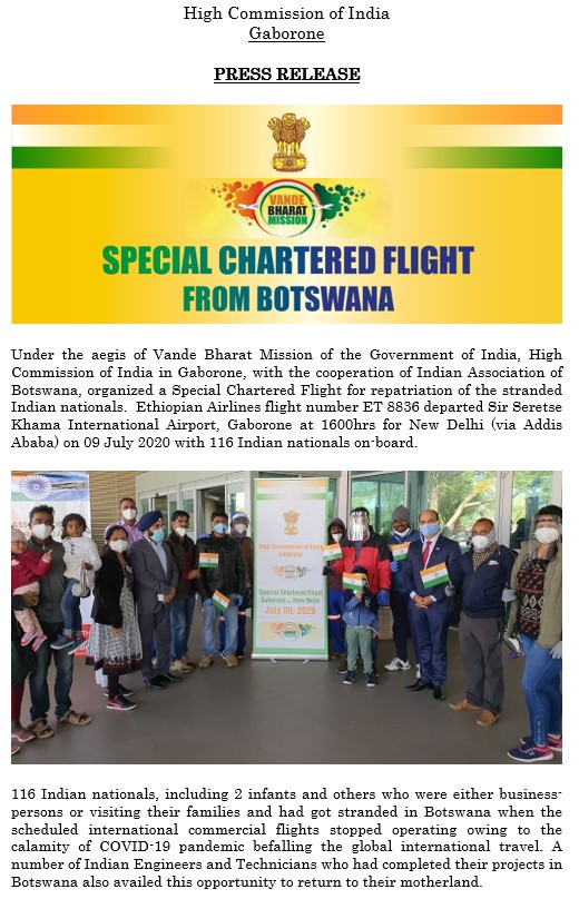 Special Chartered Flight to New Delhi under Vande Bharat Mission
